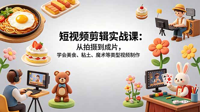 短视频剪辑实战课:从拍摄到成片,学会美食、粘土、魔术等类型视频制作-优优云网创