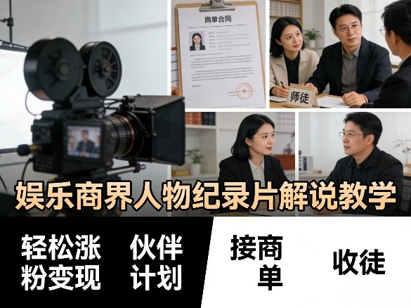 娱乐商界人物纪录片解说教学，轻松涨粉变现，伙伴计划，接商单，收徒等-优优云网创