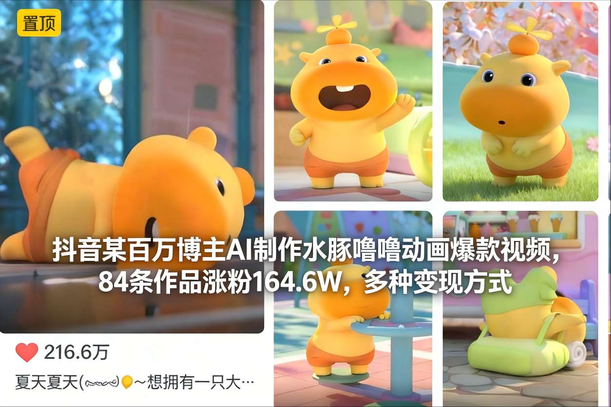 抖音某百万博主AI制作水豚噜噜动画爆款视频,84条作品涨粉164.6W,多种变现方式-优优云网创