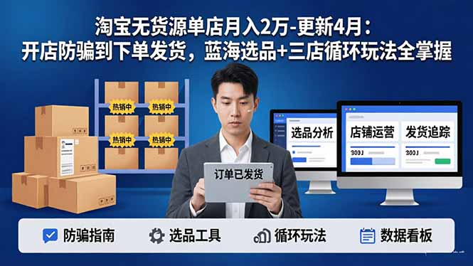 淘宝无货源5.0单店月入2万-更新4月:开店防骗到下单发货,蓝海选品+三店循环玩法全掌握-优优云网创