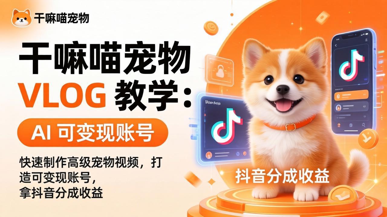 干嘛喵宠物 VLOG 教学：AI 快速制作高级宠物视频，打造可变现账号，拿抖音分成收益-优优云网创