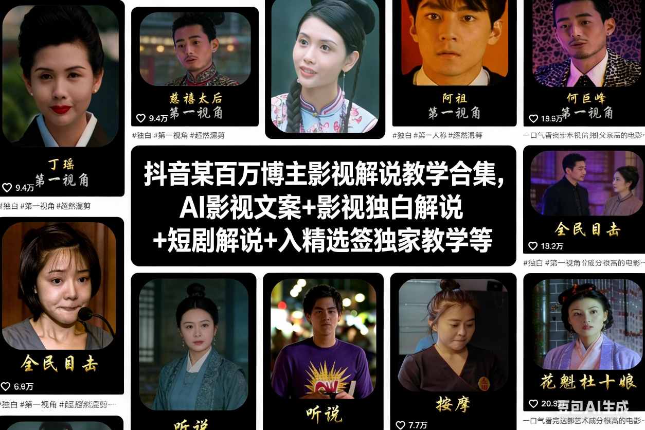 抖音某百万博主影视解说教学合集，AI影视文案+影视独白解说+短剧解说+入精选签独家教学等