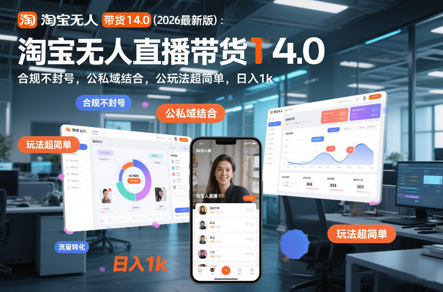 淘宝无人直播带货14.0（2026最新版）：合规不封号，公私域结合，玩法超简单，日入1k+【揭秘】
