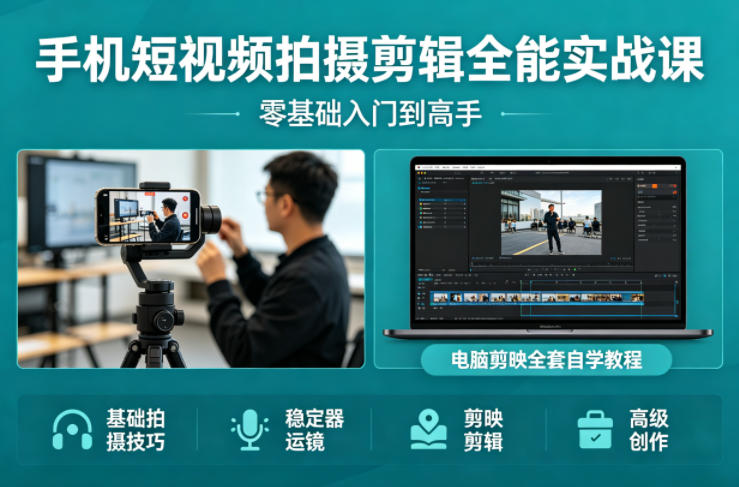 手机短视频拍摄剪辑全能实战课:零基础入门到高手,稳定器运镜+电脑剪映全套自学教程