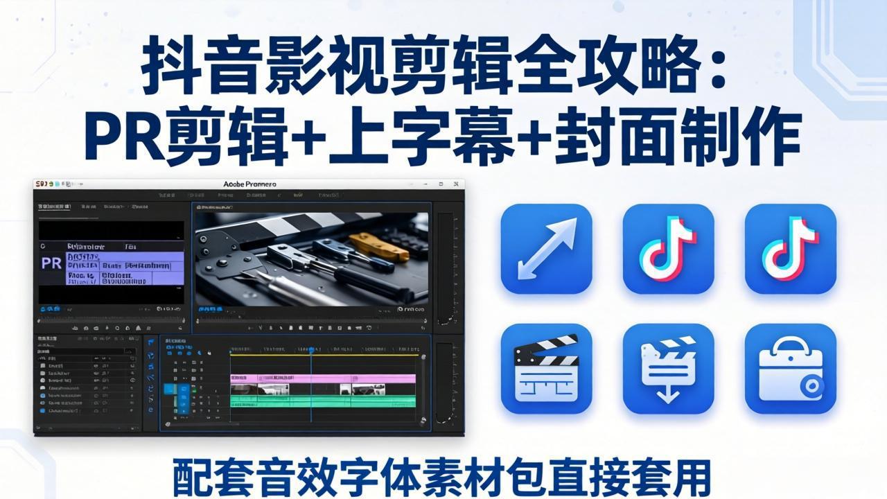 抖音影视剪辑全攻略：PR剪辑+上字幕+封面制作，配套音效字体素材包直接套用-优优云网创