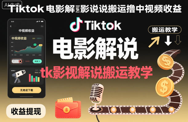 Tiktok电影解说搬运撸中视频收益，tk影视解说搬运教学-优优云网创